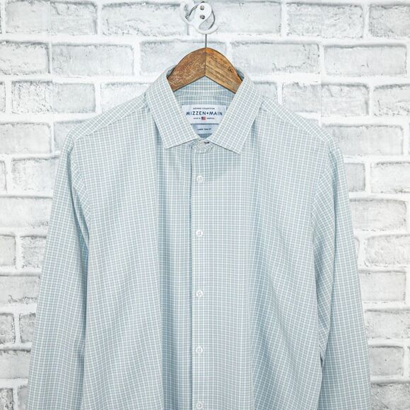 MIZZEN + MAIN collection Men's Trim Fit Button front Shirt light blue grid sz L - Picture 4 of 5
